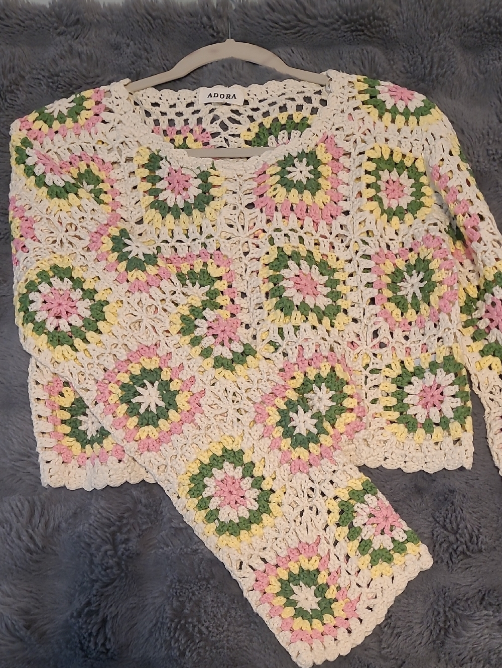 ADORA Cream Crochet Granny Square Cardigan with Pink, Green & Yellow Accents